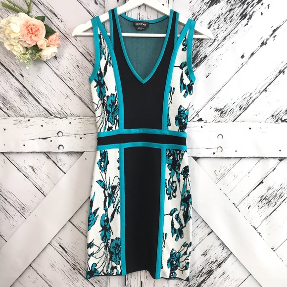 bebe Dresses & Skirts - Bebe Colorblock Blue Floral Bodycon Dress Size S